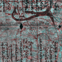Processed image of The Archimedes Palimpsest, Spiral Lines, showing the Archimedes text in red: A spiral is visible in the middle of the page to the right.